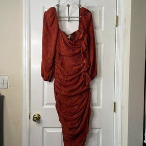 ASTR The Label Athens Ruched Puff Sleeve Burnout Midi  Dress